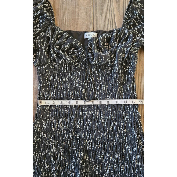 ACOA Womens Mini Dress Medium Black White Floral Smocked Long Sleeve Ruffle Boho - Picture 11 of 12